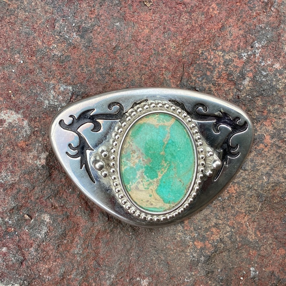 Vintage Unisex Western Boho Large Green Turquoise Stone Etched Metal Belt Buckle - Picture 5 of 13